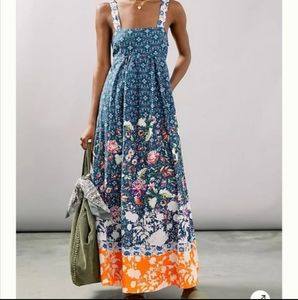 Anthropologie Blue and Orange Floral Maxi Dress